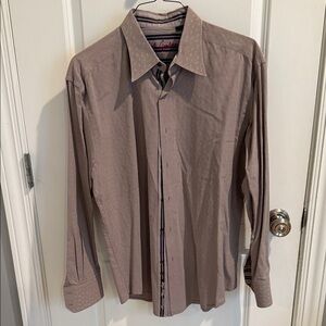 Robert Graham Men's XL Taupe Paisley Long Sleeve Shirt with Purple Ribbon Detail